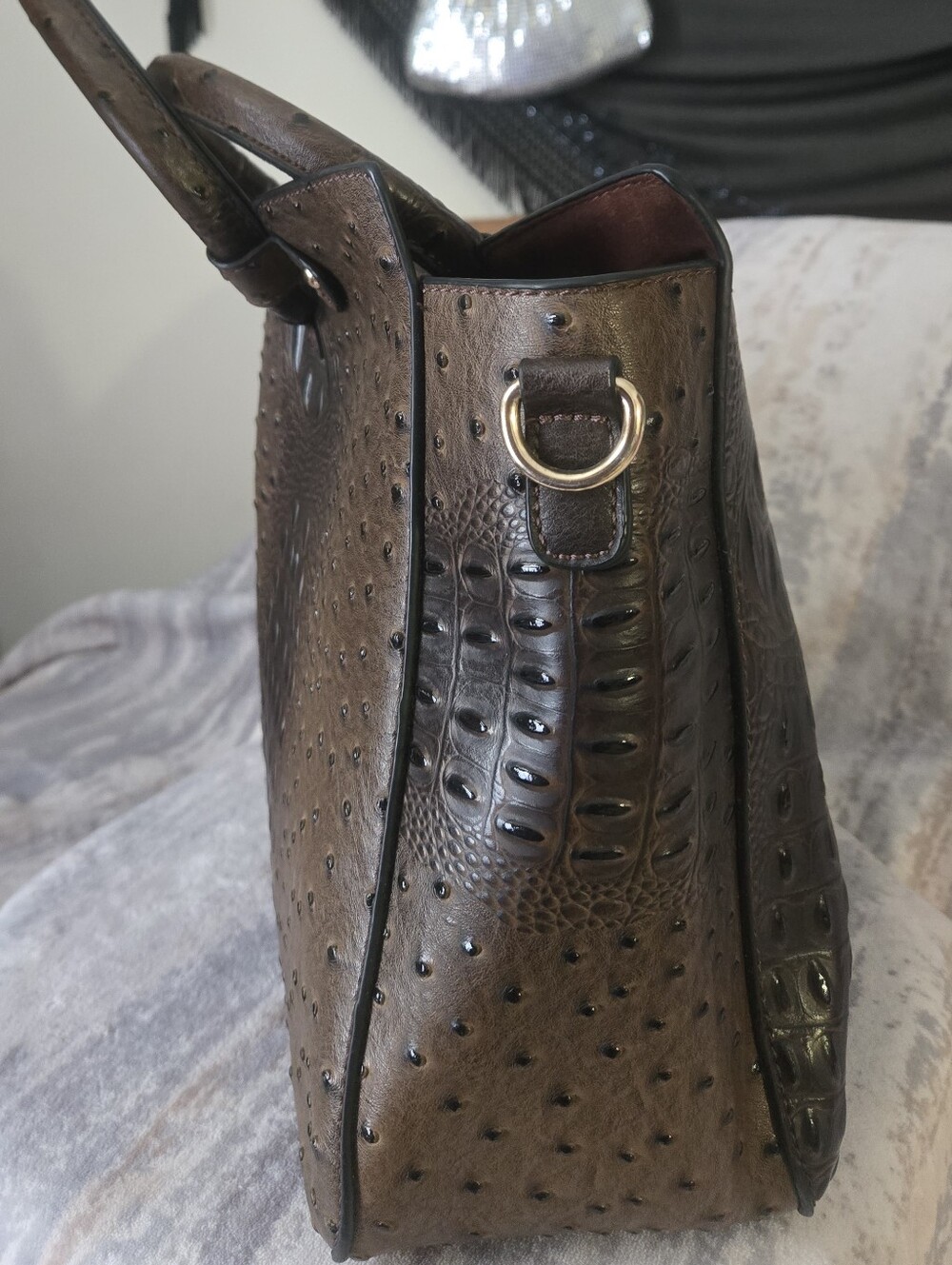 Brown Ostrich Embossed Tote Bag Matching Wallet Croc Texture Satchel - Picture 7 of 13